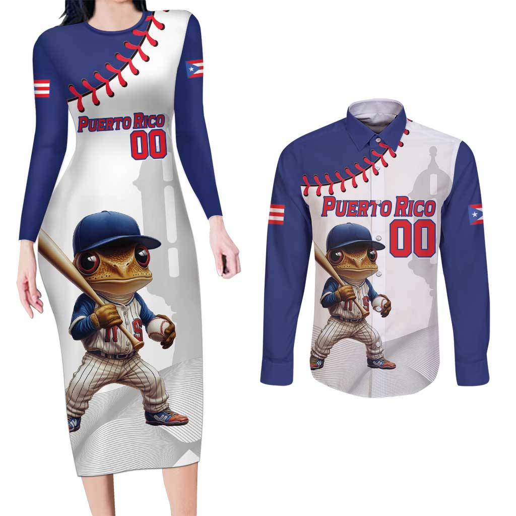 Custom Baseball Puerto Rico Couples Matching Long Sleeve Bodycon Dress and Long Sleeve Button Shirt Coqui Mascot - Dynamic Style - Wonder Print Shop