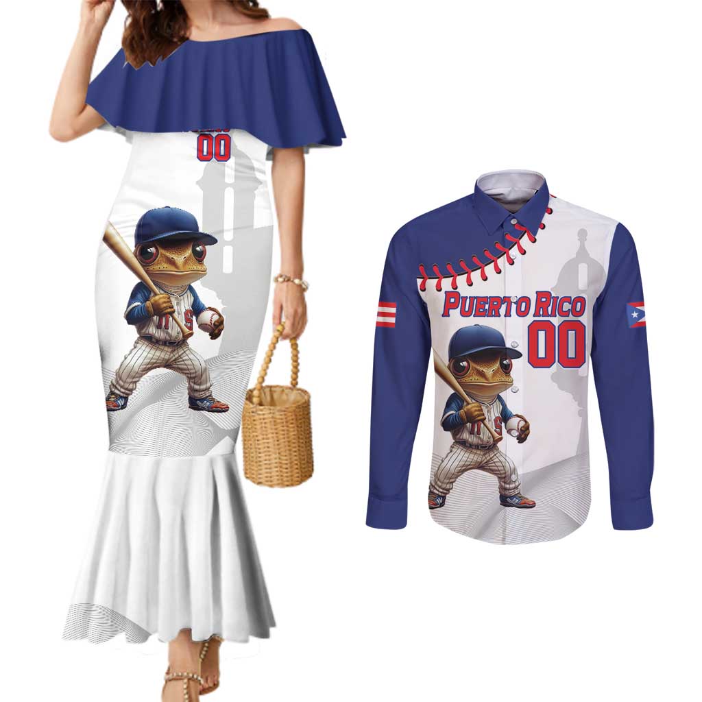 Custom Baseball Puerto Rico Couples Matching Mermaid Dress and Long Sleeve Button Shirt Coqui Mascot - Dynamic Style
