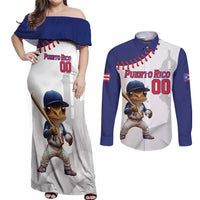 Custom Baseball Puerto Rico Couples Matching Off Shoulder Maxi Dress and Long Sleeve Button Shirt Coqui Mascot - Dynamic Style - Wonder Print Shop