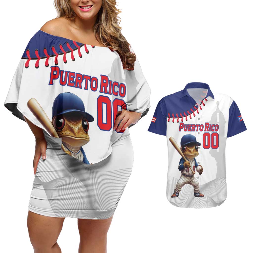 Custom Baseball Puerto Rico Couples Matching Off Shoulder Short Dress and Hawaiian Shirt Coqui Mascot - Dynamic Style - Wonder Print Shop