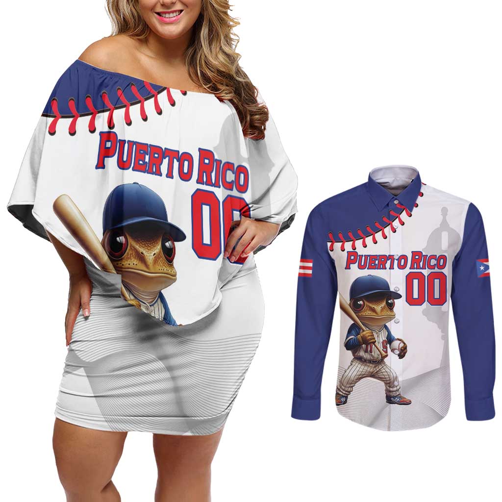 Custom Baseball Puerto Rico Couples Matching Off Shoulder Short Dress and Long Sleeve Button Shirt Coqui Mascot - Dynamic Style - Wonder Print Shop