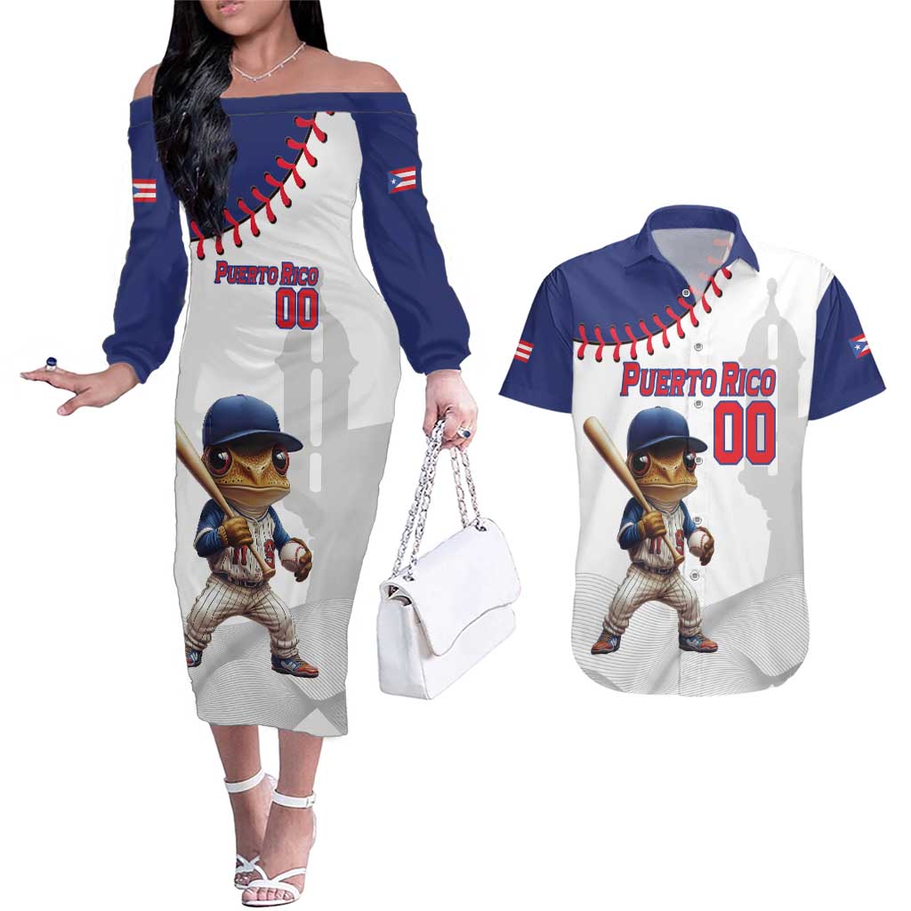 Custom Baseball Puerto Rico Couples Matching Off The Shoulder Long Sleeve Dress and Hawaiian Shirt Coqui Mascot - Dynamic Style - Wonder Print Shop