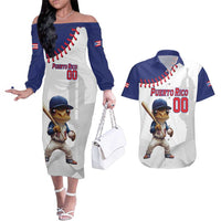Custom Baseball Puerto Rico Couples Matching Off The Shoulder Long Sleeve Dress and Hawaiian Shirt Coqui Mascot - Dynamic Style - Wonder Print Shop
