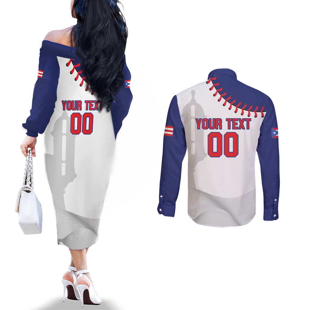 Custom Baseball Puerto Rico Couples Matching Off The Shoulder Long Sleeve Dress and Long Sleeve Button Shirt Coqui Mascot - Dynamic Style
