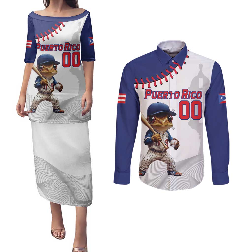 Custom Baseball Puerto Rico Couples Matching Puletasi and Long Sleeve Button Shirt Coqui Mascot - Dynamic Style - Wonder Print Shop