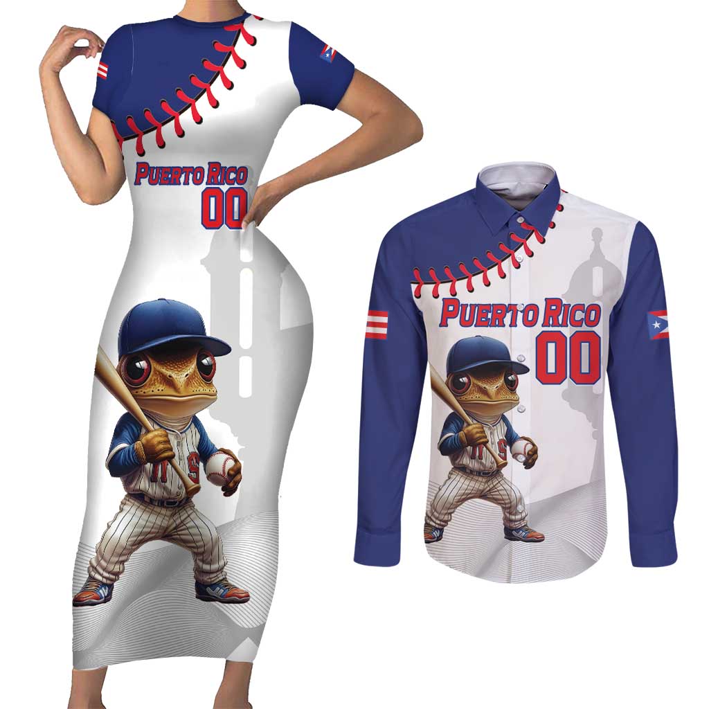 Custom Baseball Puerto Rico Couples Matching Short Sleeve Bodycon Dress and Long Sleeve Button Shirt Coqui Mascot - Dynamic Style - Wonder Print Shop