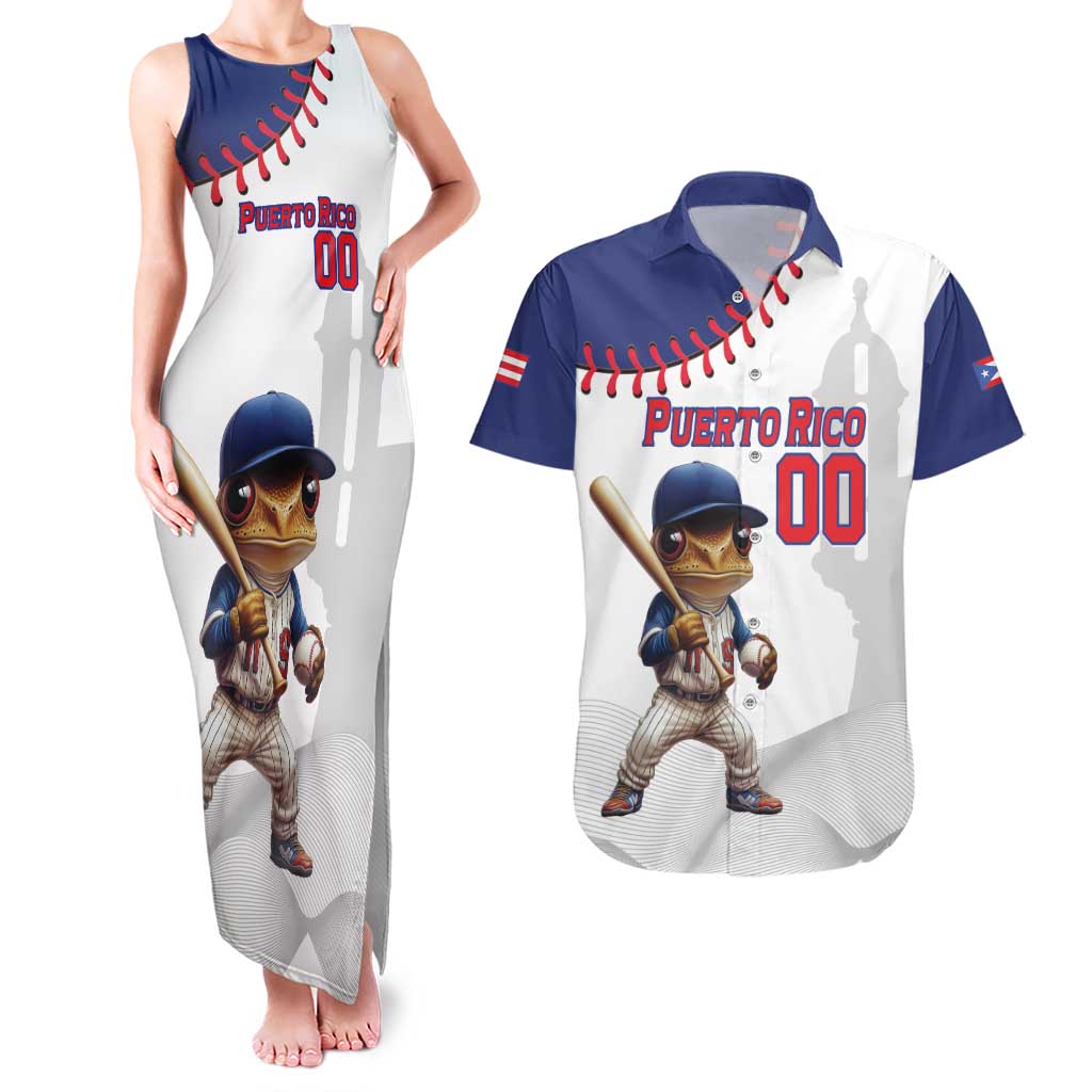 Custom Baseball Puerto Rico Couples Matching Tank Maxi Dress and Hawaiian Shirt Coqui Mascot - Dynamic Style - Wonder Print Shop