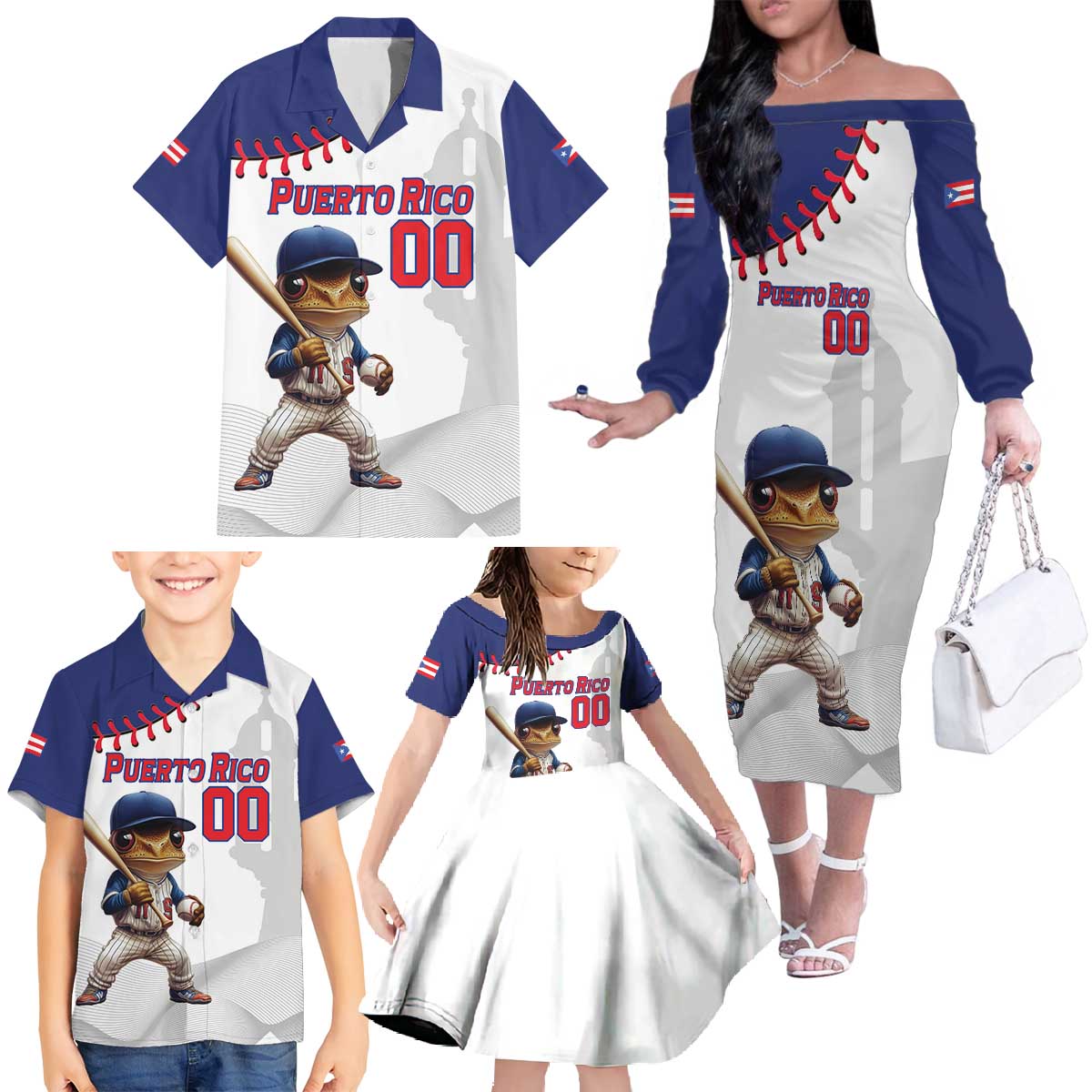 Custom Baseball Puerto Rico Family Matching Off The Shoulder Long Sleeve Dress and Hawaiian Shirt Coqui Mascot - Dynamic Style - Wonder Print Shop