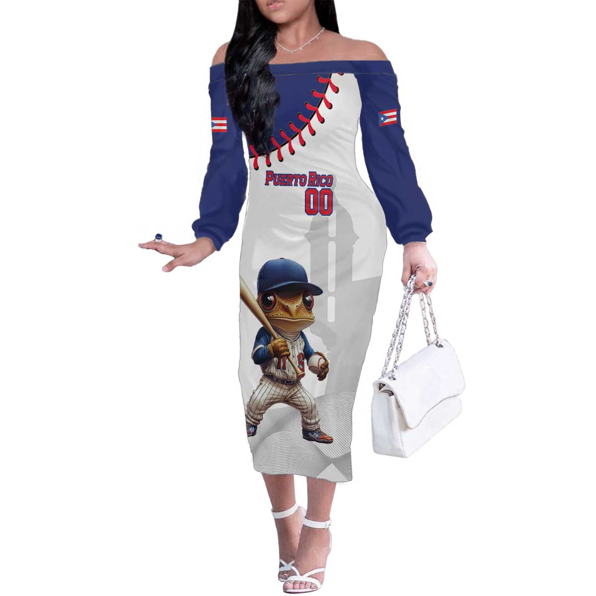 Custom Baseball Puerto Rico Family Matching Off The Shoulder Long Sleeve Dress and Hawaiian Shirt Coqui Mascot - Dynamic Style - Wonder Print Shop