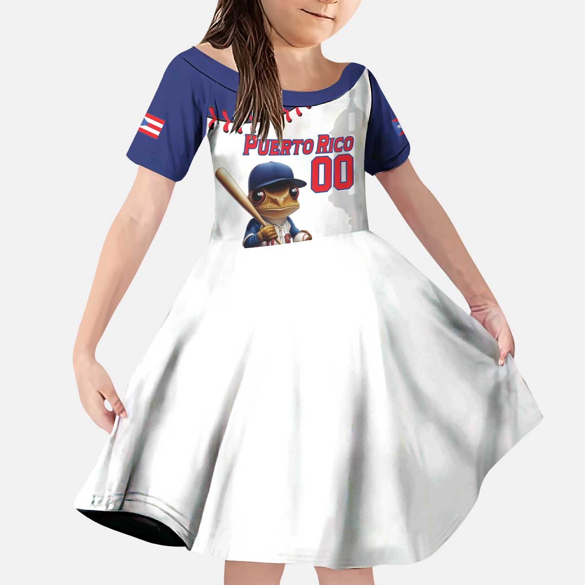 Custom Baseball Puerto Rico Kid Short Sleeve Dress Coqui Mascot - Dynamic Style - Wonder Print Shop