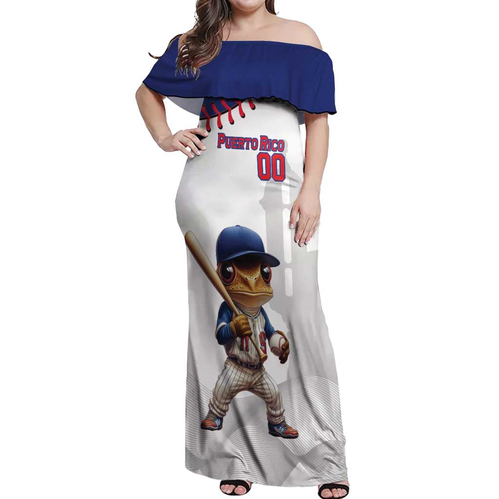 Custom Baseball Puerto Rico Off Shoulder Maxi Dress Coqui Mascot - Dynamic Style - Wonder Print Shop