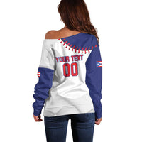 Custom Baseball Puerto Rico Off Shoulder Sweater Coqui Mascot - Dynamic Style - Wonder Print Shop