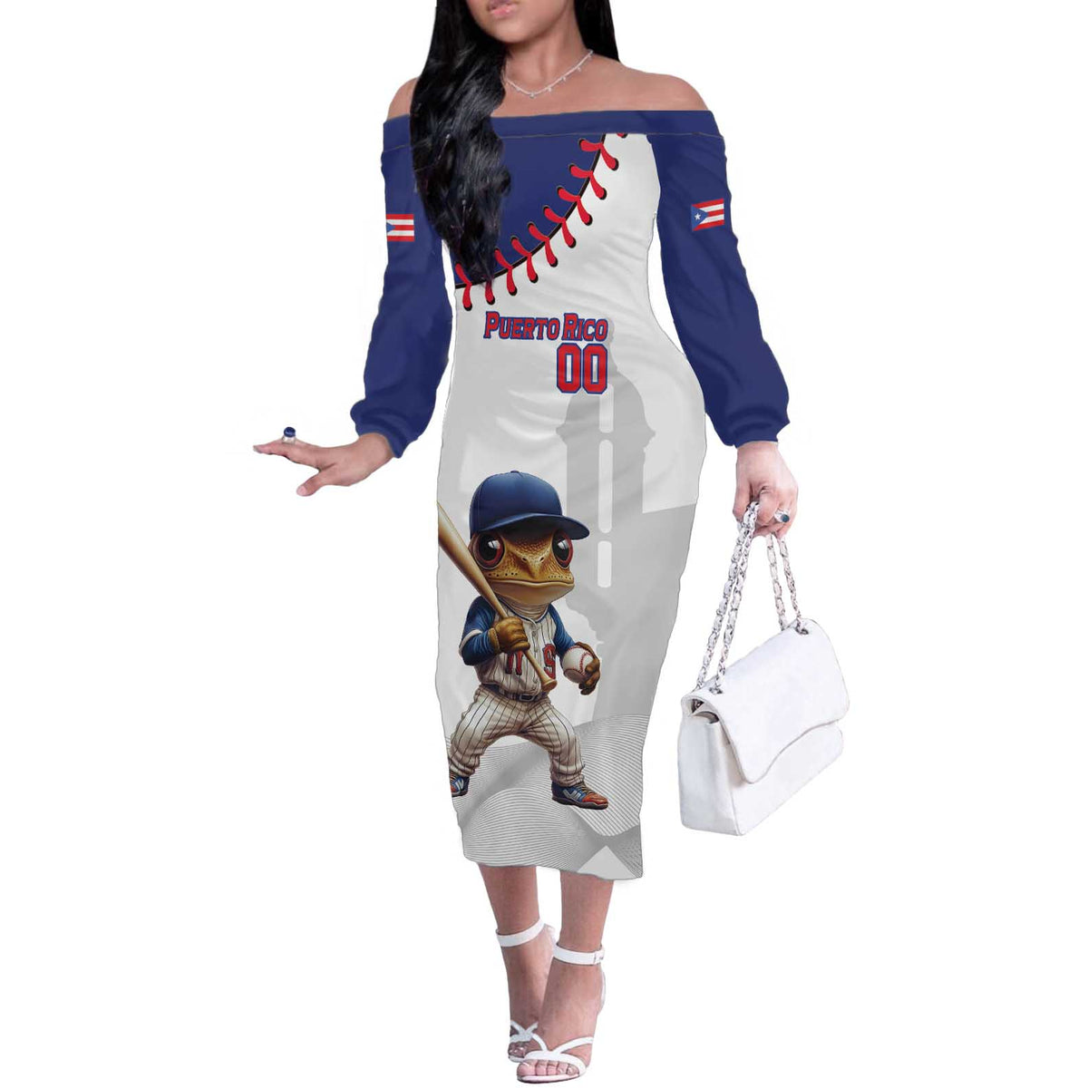 Custom Baseball Puerto Rico Off The Shoulder Long Sleeve Dress Coqui Mascot - Dynamic Style - Wonder Print Shop