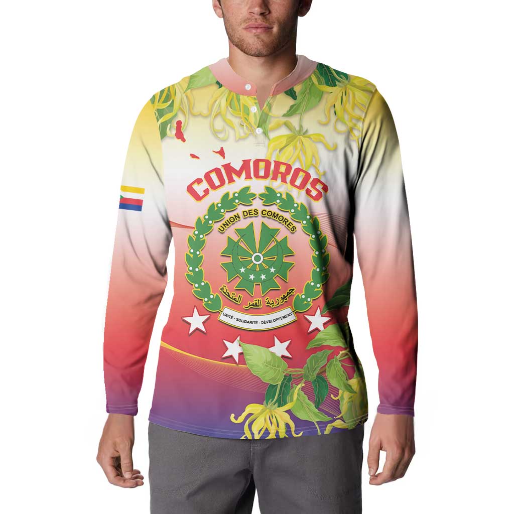Personalized Comoros Button Sweatshirt Coat Of Arms Mix Ylang Ylang Flower - Wonder Print Shop