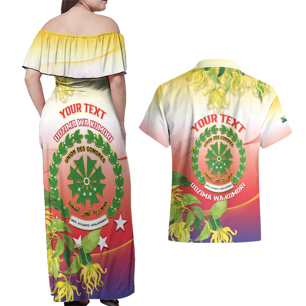 Personalized Comoros Couples Matching Off Shoulder Maxi Dress and Hawaiian Shirt Coat Of Arms Mix Ylang Ylang Flower - Wonder Print Shop