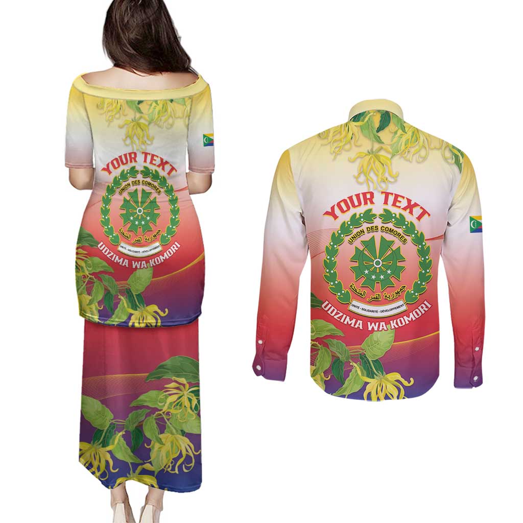 Personalized Comoros Couples Matching Puletasi and Long Sleeve Button Shirt Coat Of Arms Mix Ylang Ylang Flower - Wonder Print Shop