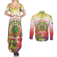 Personalized Comoros Couples Matching Summer Maxi Dress and Long Sleeve Button Shirt Coat Of Arms Mix Ylang Ylang Flower - Wonder Print Shop