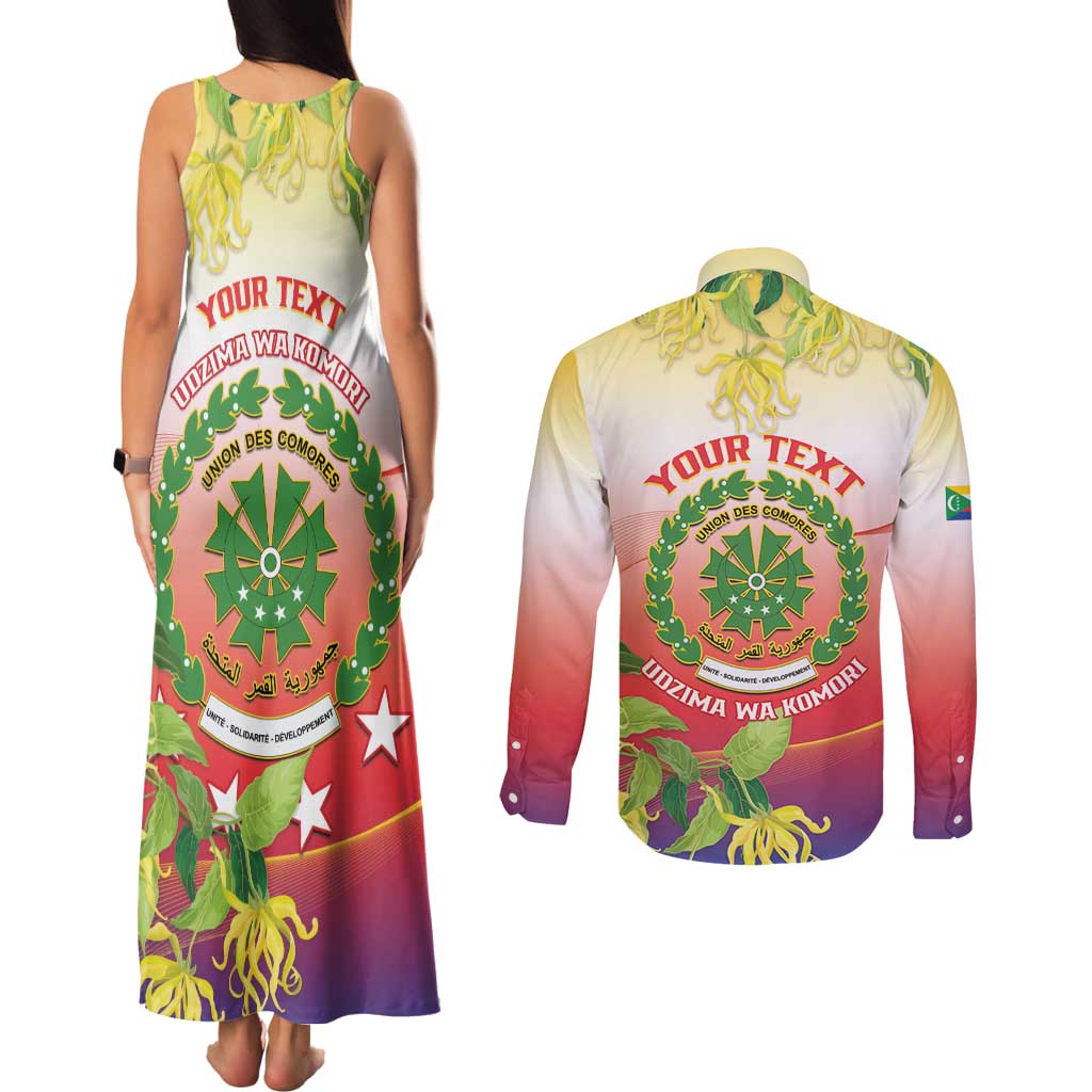 Personalized Comoros Couples Matching Tank Maxi Dress and Long Sleeve Button Shirt Coat Of Arms Mix Ylang Ylang Flower - Wonder Print Shop