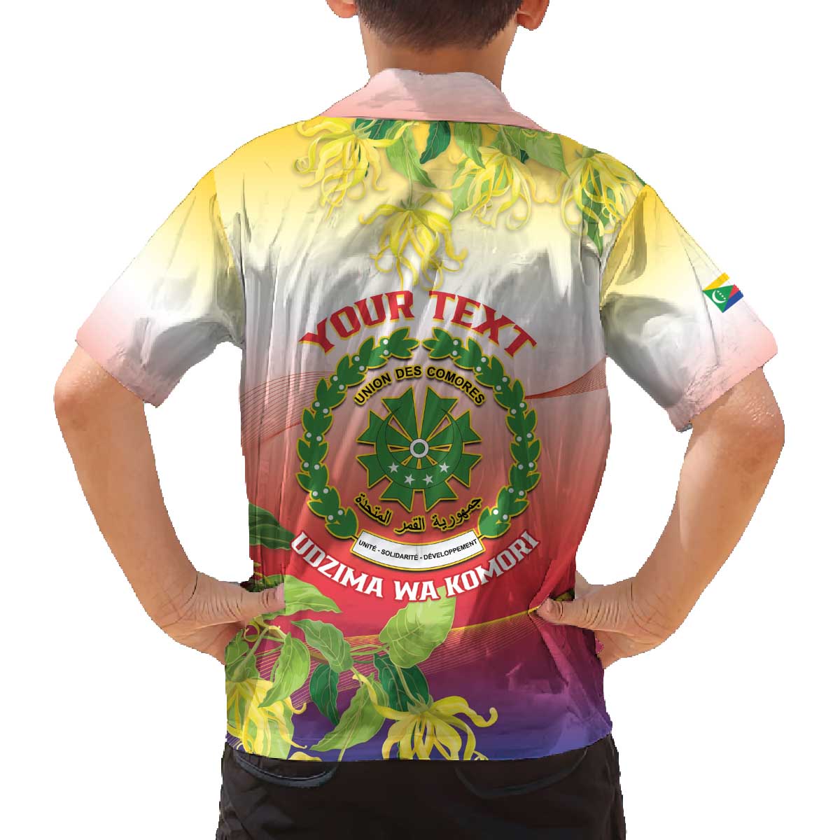 Personalized Comoros Family Matching Off The Shoulder Long Sleeve Dress and Hawaiian Shirt Coat Of Arms Mix Ylang Ylang Flower - Wonder Print Shop