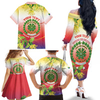 Personalized Comoros Family Matching Off The Shoulder Long Sleeve Dress and Hawaiian Shirt Coat Of Arms Mix Ylang Ylang Flower - Wonder Print Shop