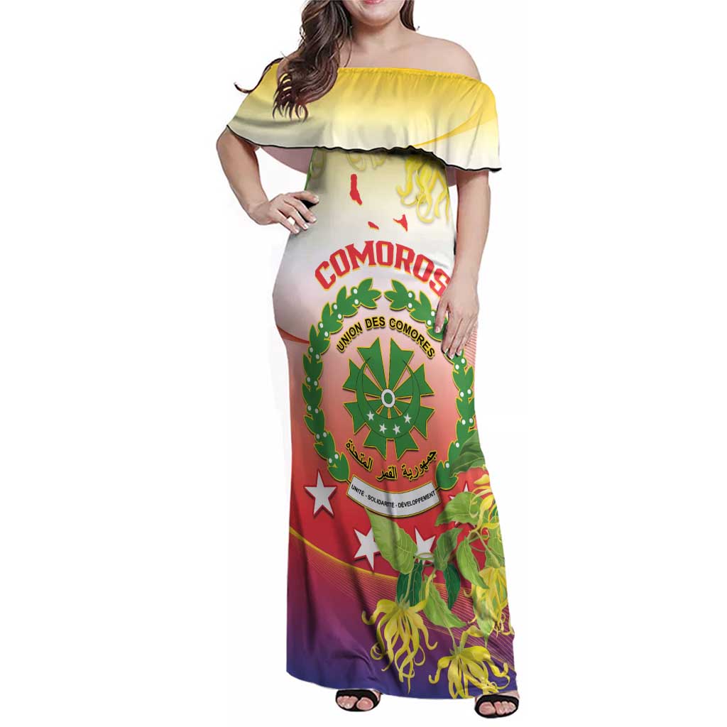 Personalized Comoros Family Matching Off Shoulder Maxi Dress and Hawaiian Shirt Coat Of Arms Mix Ylang Ylang Flower - Wonder Print Shop