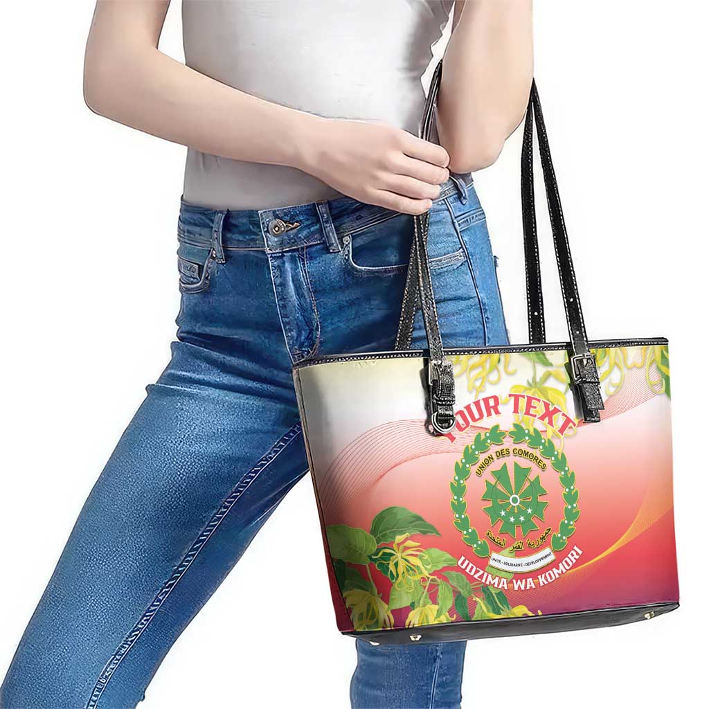 Personalized Comoros Leather Tote Bag Coat Of Arms Mix Ylang Ylang Flower - Wonder Print Shop