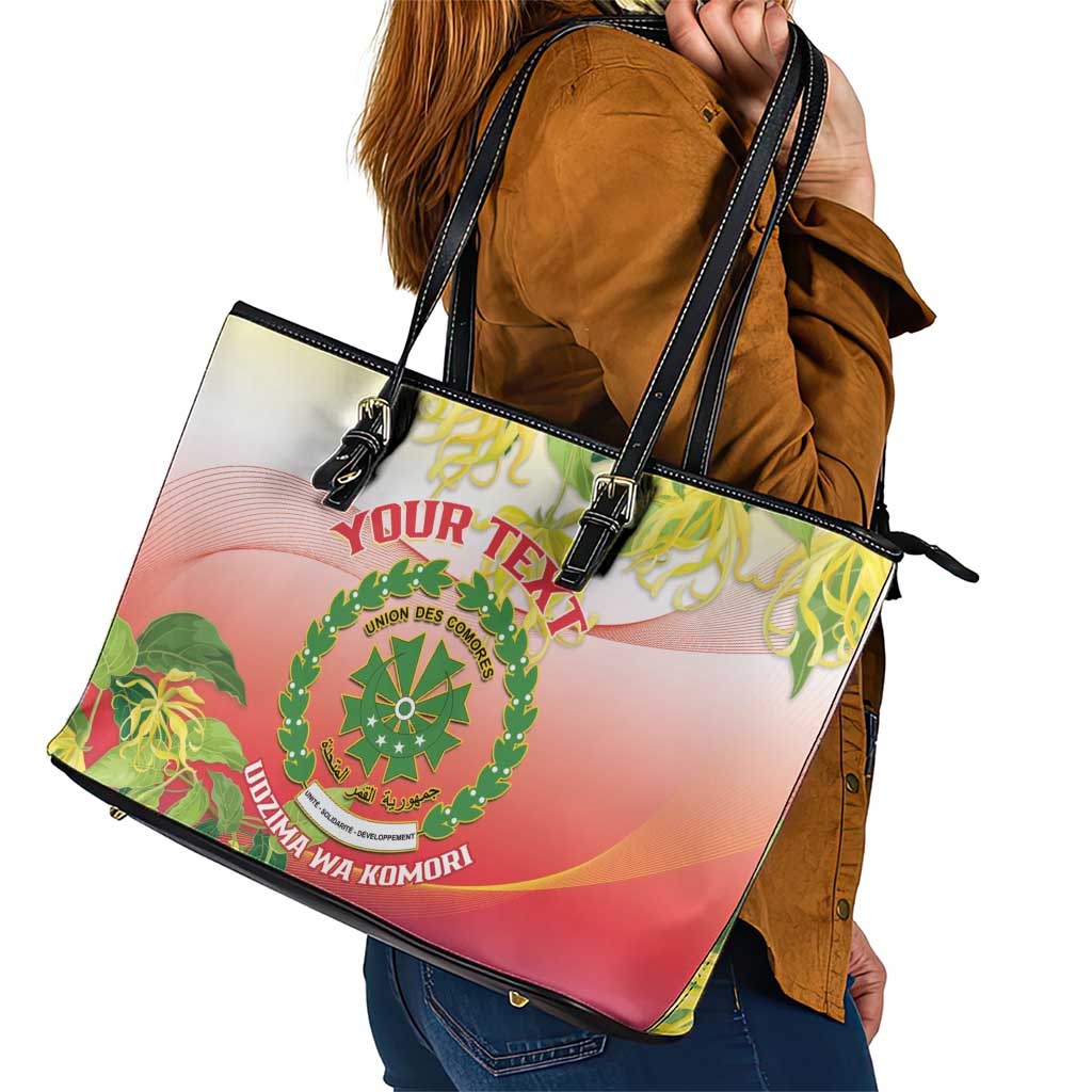 Personalized Comoros Leather Tote Bag Coat Of Arms Mix Ylang Ylang Flower - Wonder Print Shop