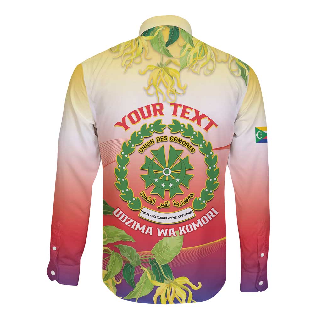 Personalized Comoros Long Sleeve Button Shirt Coat Of Arms Mix Ylang Ylang Flower - Wonder Print Shop