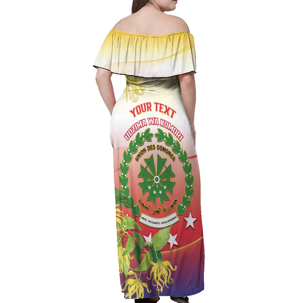 Personalized Comoros Off Shoulder Maxi Dress Coat Of Arms Mix Ylang Ylang Flower - Wonder Print Shop