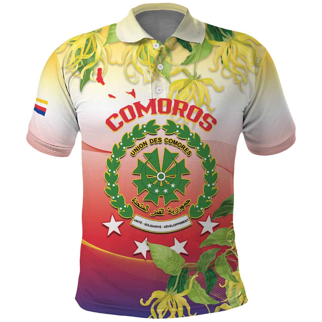 Personalized Comoros Polo Shirt Coat Of Arms Mix Ylang Ylang Flower - Wonder Print Shop