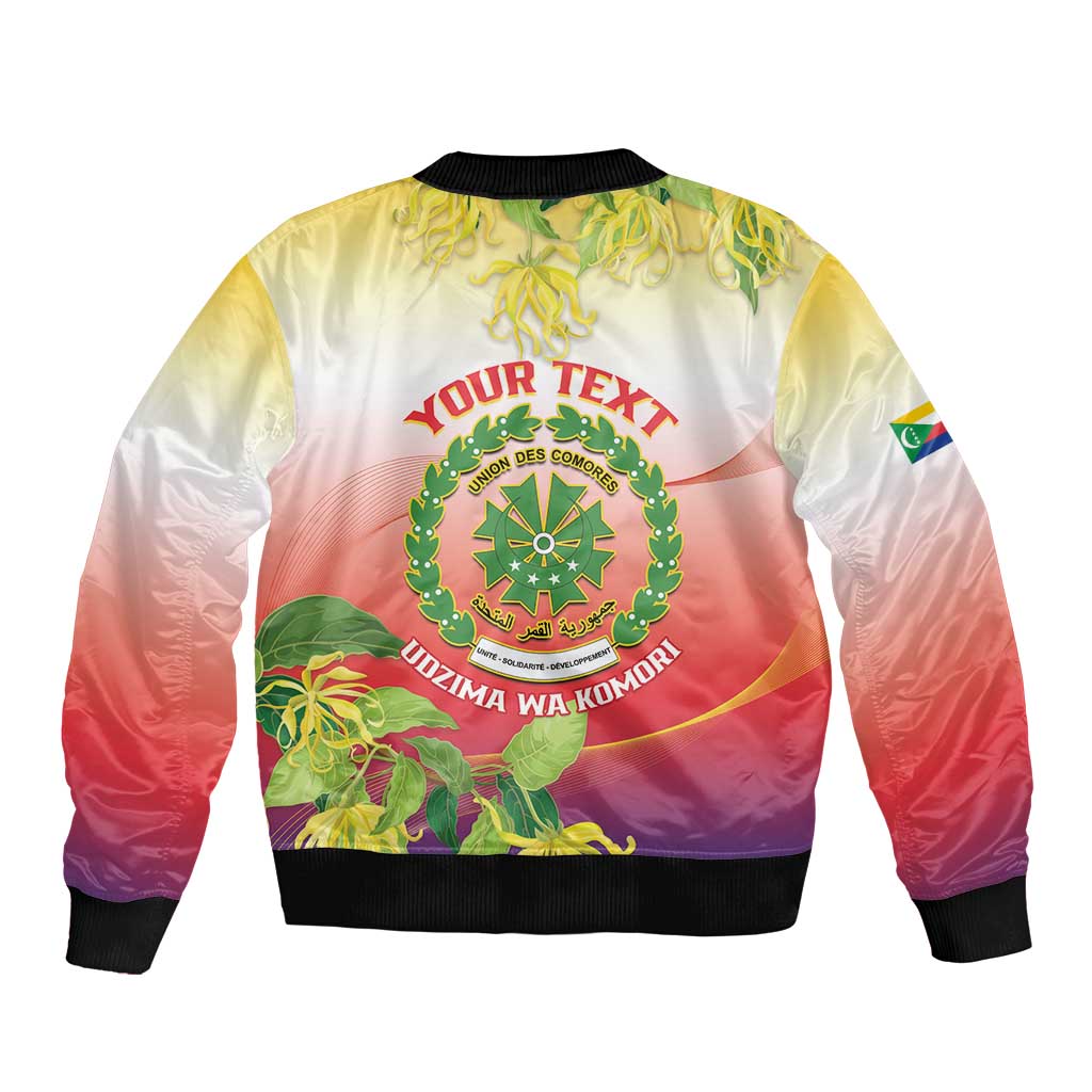 Personalized Comoros Sleeve Zip Bomber Jacket Coat Of Arms Mix Ylang Ylang Flower - Wonder Print Shop