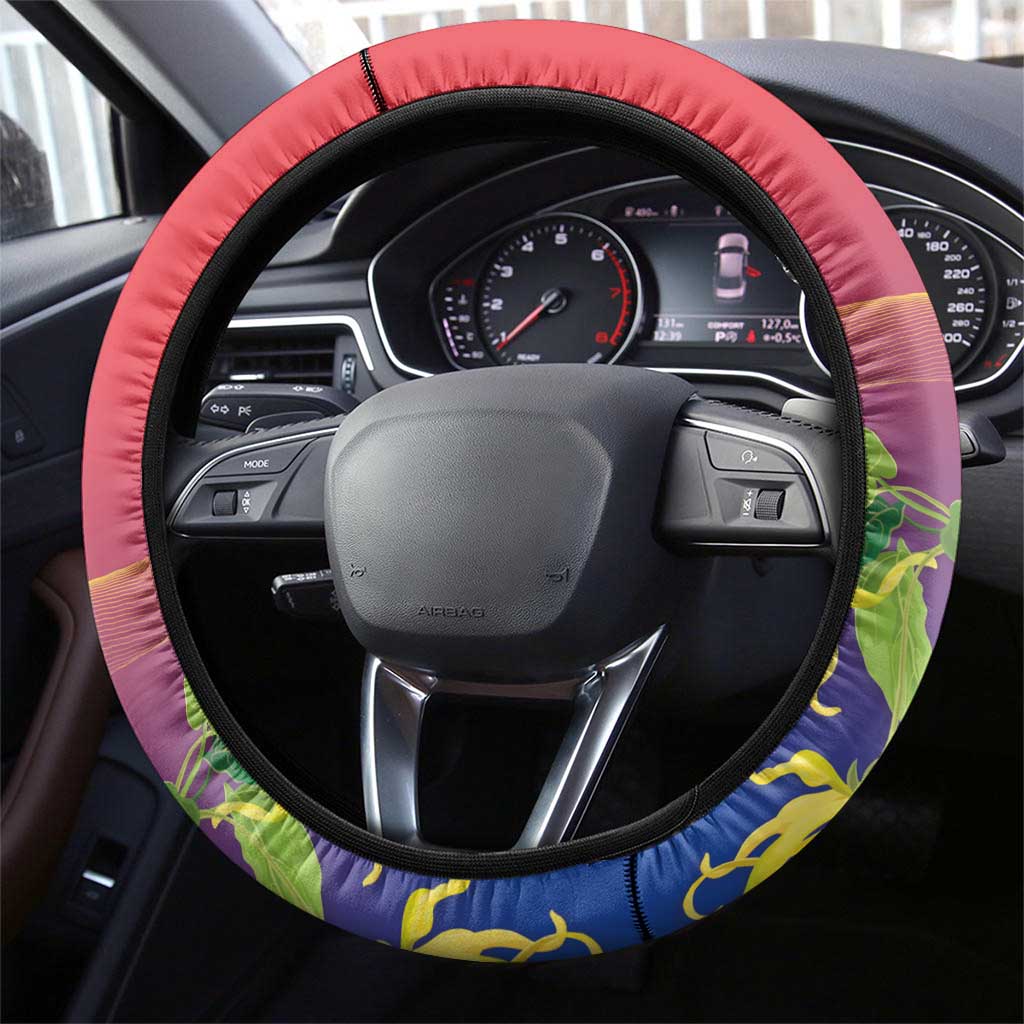 Comoros Steering Wheel Cover Coat Of Arms Mix Ylang Ylang Flower - Wonder Print Shop