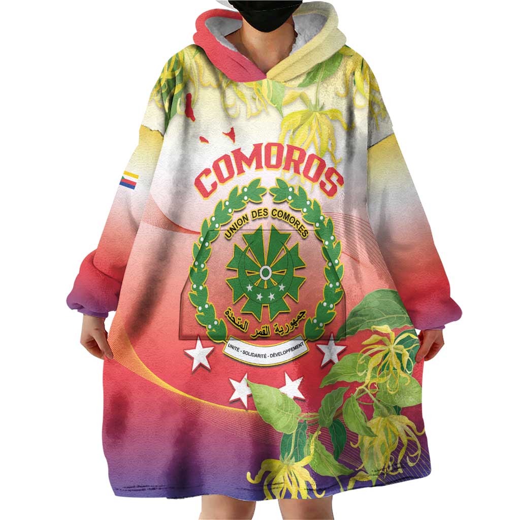 Personalized Comoros Wearable Blanket Hoodie Coat Of Arms Mix Ylang Ylang Flower - Wonder Print Shop