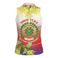 Personalized Comoros Women Sleeveless Polo Shirt Coat Of Arms Mix Ylang Ylang Flower - Wonder Print Shop