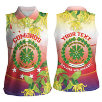 Personalized Comoros Women Sleeveless Polo Shirt Coat Of Arms Mix Ylang Ylang Flower - Wonder Print Shop