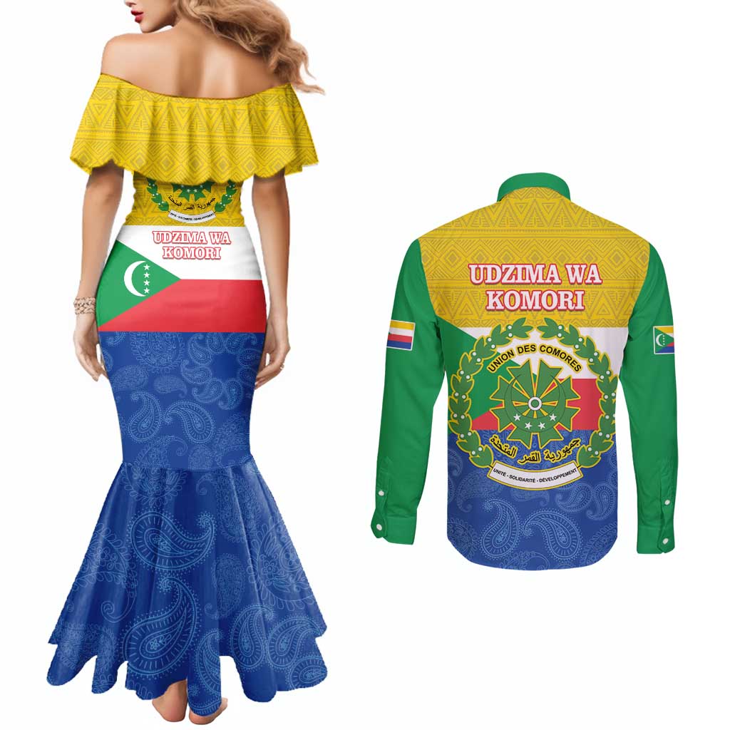 Comoros Is In My DNA Couples Matching Mermaid Dress and Long Sleeve Button Shirt Udzima wa Komori - African Paisley Pattern