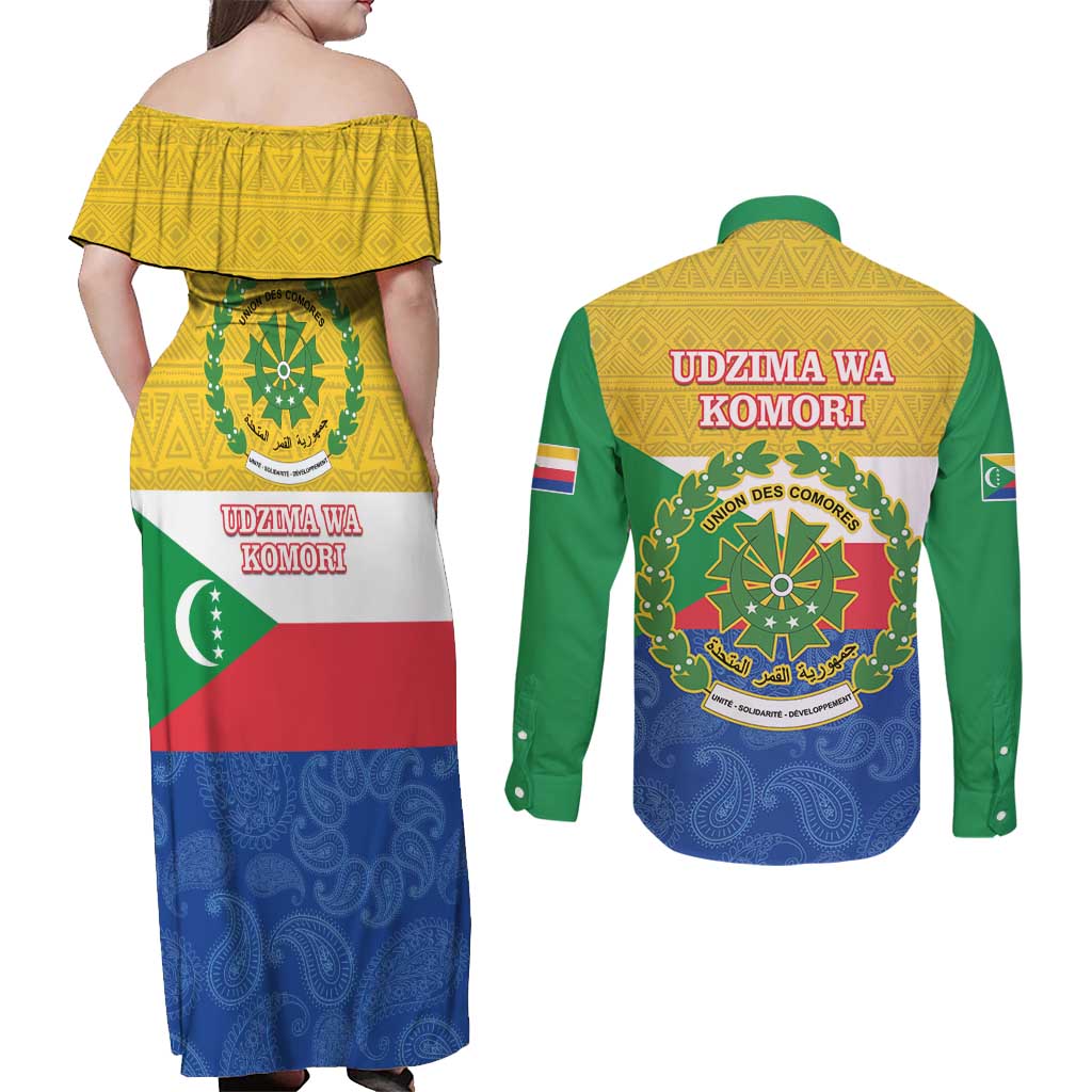 Comoros Is In My DNA Couples Matching Off Shoulder Maxi Dress and Long Sleeve Button Shirt Udzima wa Komori - African Paisley Pattern - Wonder Print Shop