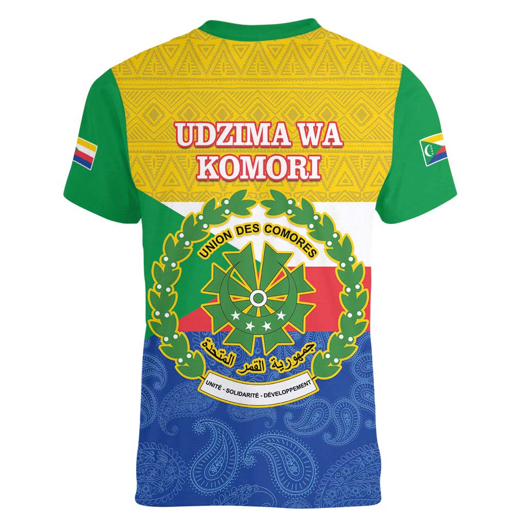 Comoros Is In My DNA Women V-Neck T-Shirt Udzima wa Komori - African Paisley Pattern - Wonder Print Shop