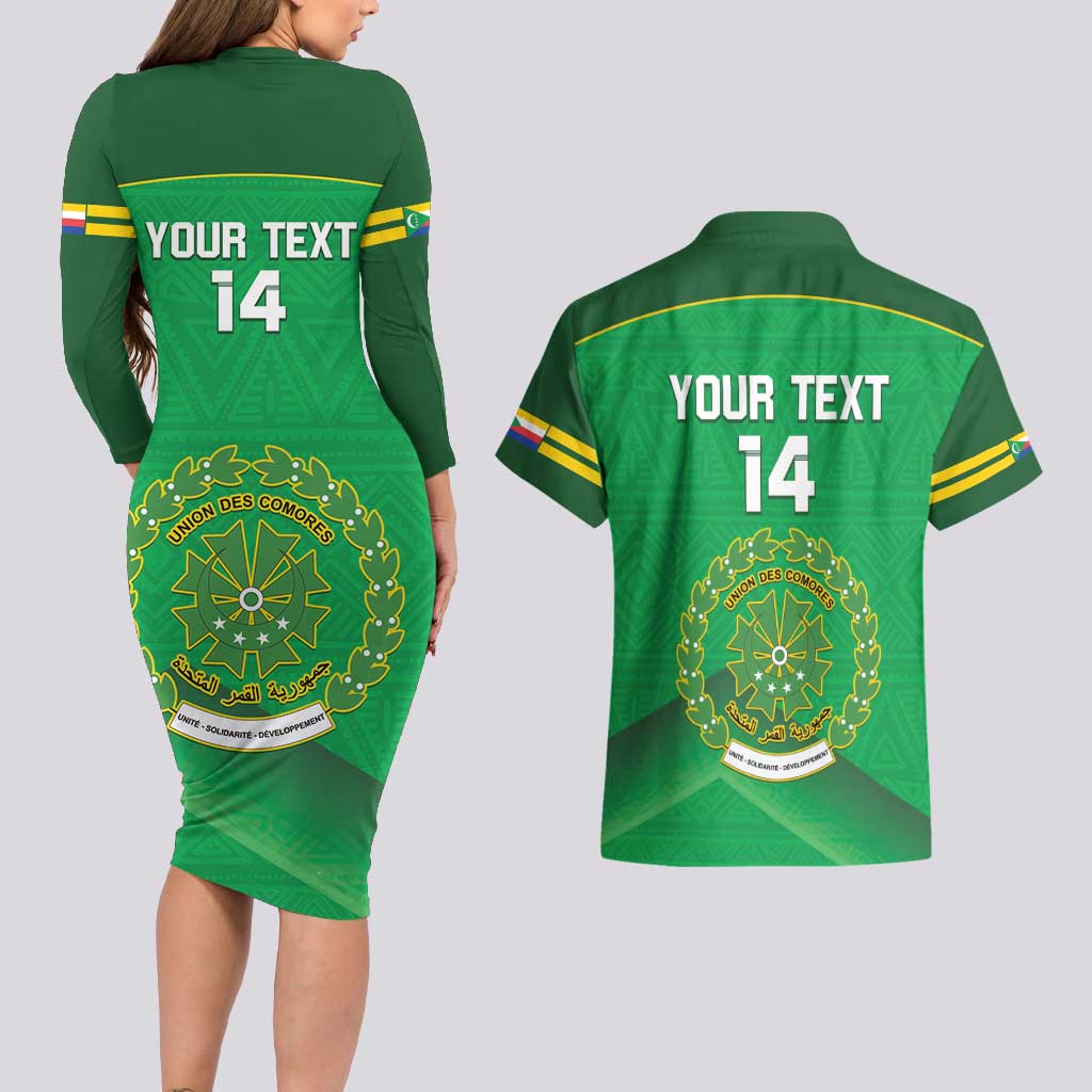 Custom Comoros Football Couples Matching Long Sleeve Bodycon Dress and Hawaiian Shirt Allez Les Coelacantes - Wonder Print Shop