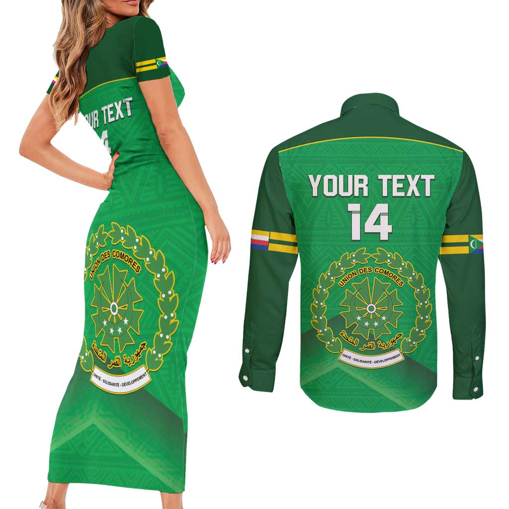 Custom Comoros Football Couples Matching Short Sleeve Bodycon Dress and Long Sleeve Button Shirt Allez Les Coelacantes - Wonder Print Shop