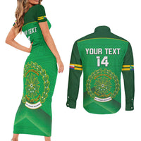 Custom Comoros Football Couples Matching Short Sleeve Bodycon Dress and Long Sleeve Button Shirt Allez Les Coelacantes - Wonder Print Shop