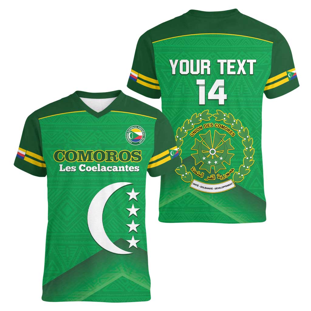 Custom Comoros Football Women V-Neck T-Shirt Allez Les Coelacantes - Wonder Print Shop