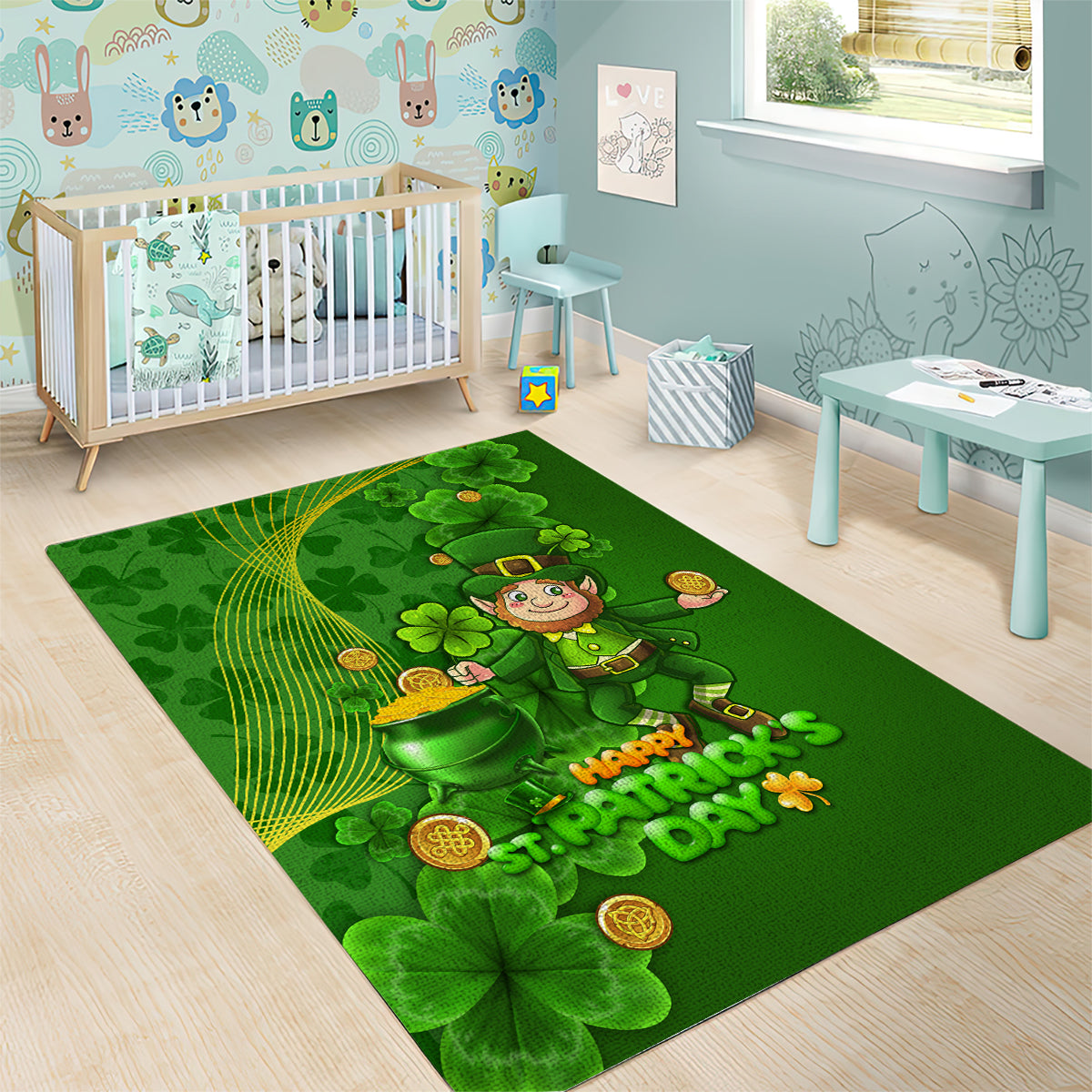 Happy St Patricks Day Area Rug 2024 Irish Shamrocks With Lucky Leprechaun - Wonder Print Shop