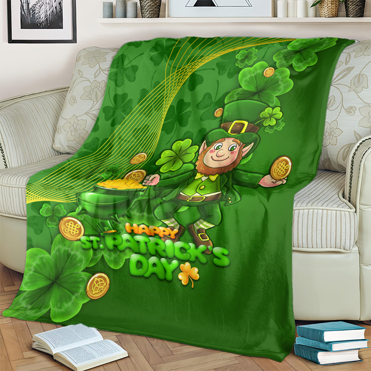 Happy St Patricks Day Blanket 2024 Irish Shamrocks With Lucky Leprechaun