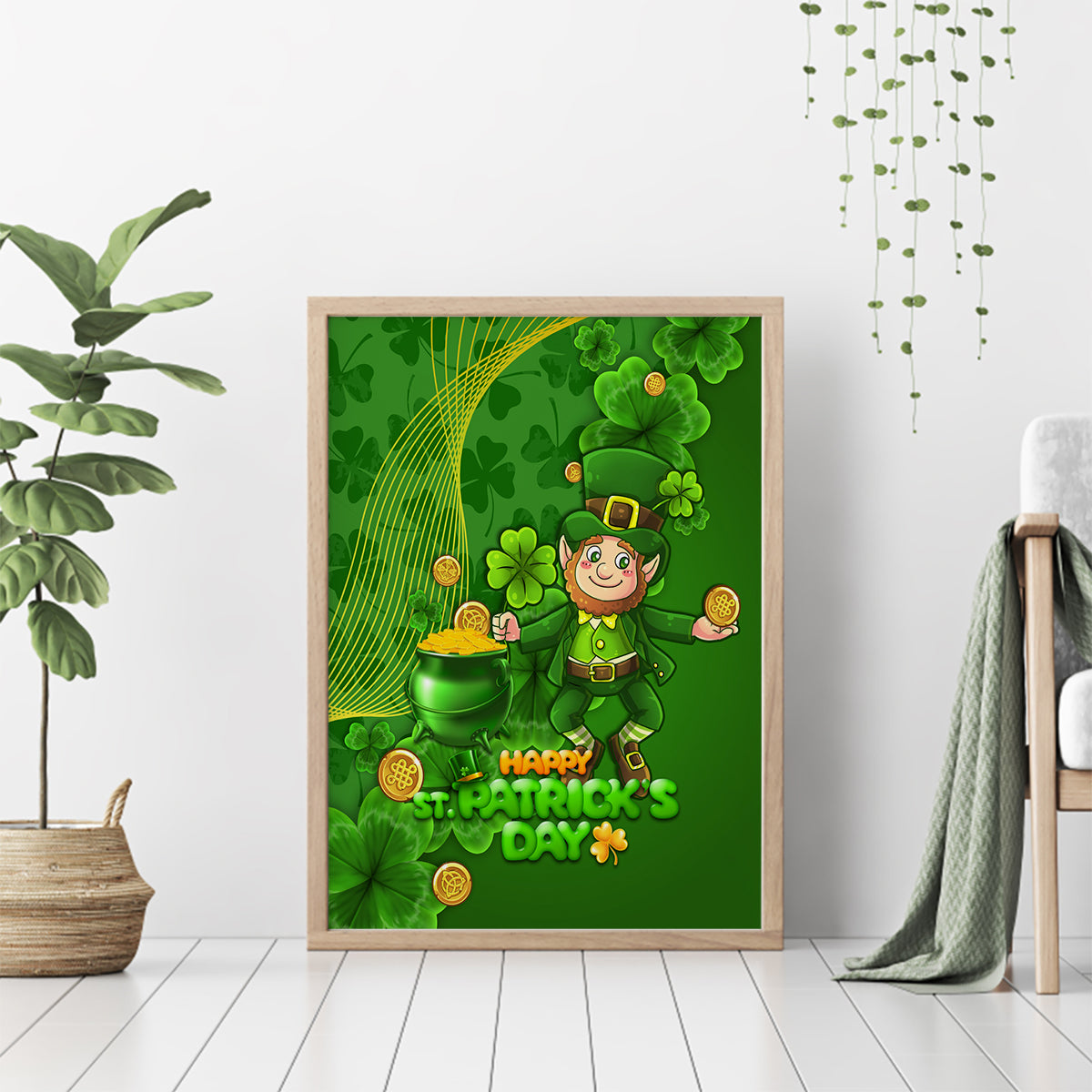 Happy St Patricks Day Canvas Wall Art 2024 Irish Shamrocks With Lucky Leprechaun - Wonder Print Shop
