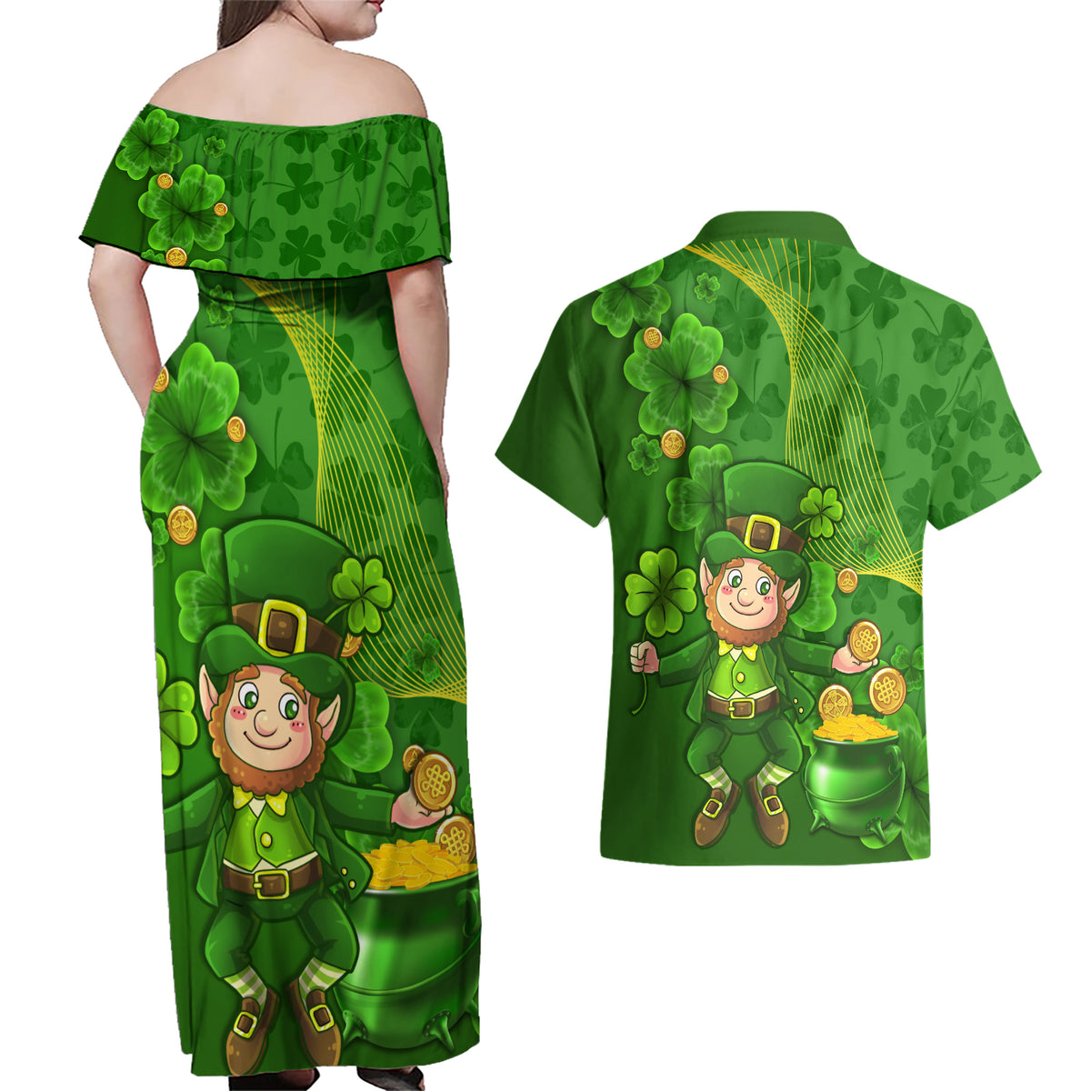 Happy St Patricks Day Couples Matching Off Shoulder Maxi Dress and Hawaiian Shirt 2024 Irish Shamrocks With Lucky Leprechaun - Wonder Print Shop