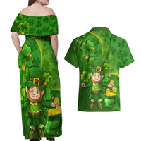 Happy St Patricks Day Couples Matching Off Shoulder Maxi Dress and Hawaiian Shirt 2024 Irish Shamrocks With Lucky Leprechaun - Wonder Print Shop