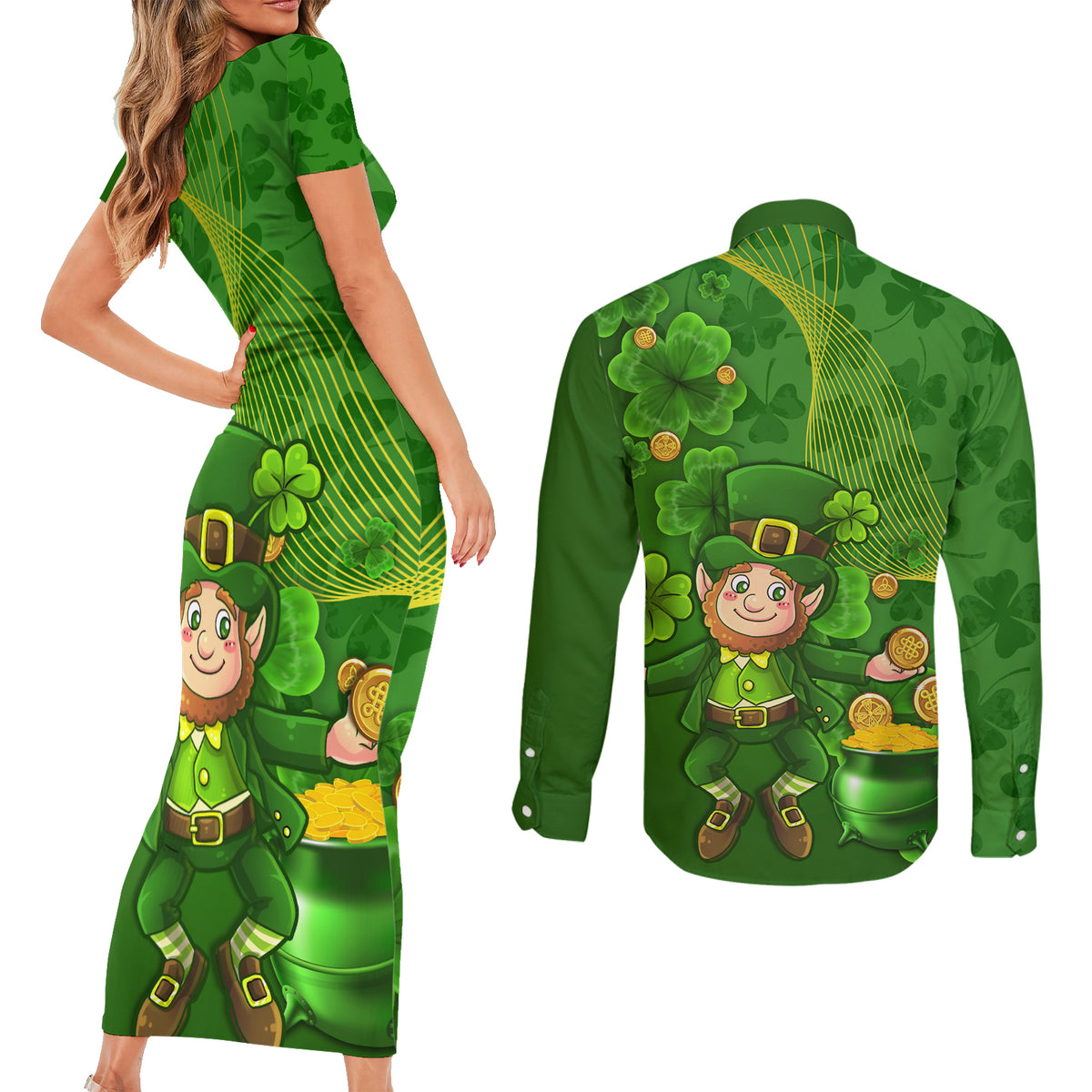 Happy St Patricks Day Couples Matching Short Sleeve Bodycon Dress and Long Sleeve Button Shirt 2024 Irish Shamrocks With Lucky Leprechaun - Wonder Print Shop