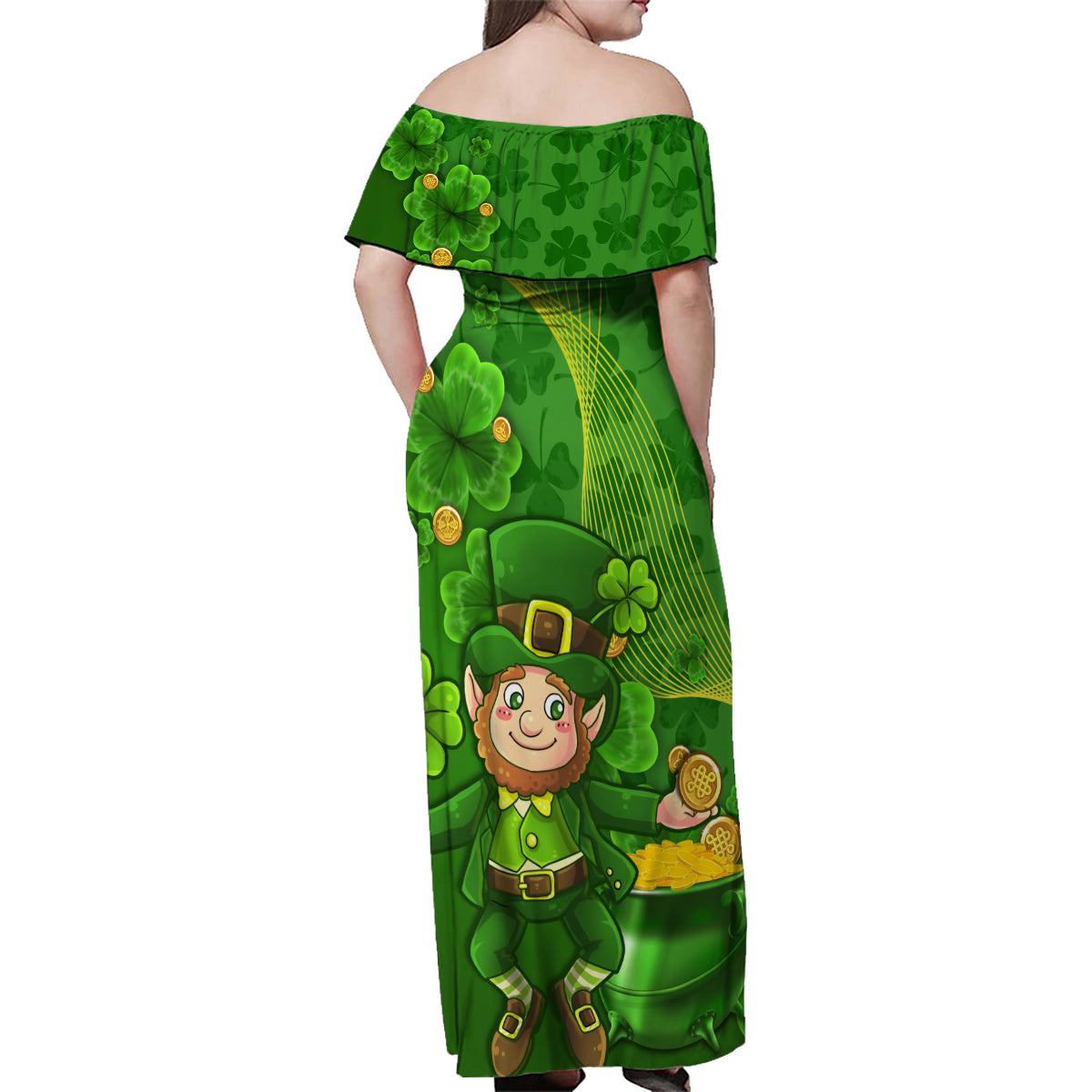 Happy St Patricks Day Family Matching Off Shoulder Maxi Dress and Hawaiian Shirt 2024 Irish Shamrocks With Lucky Leprechaun - Wonder Print Shop