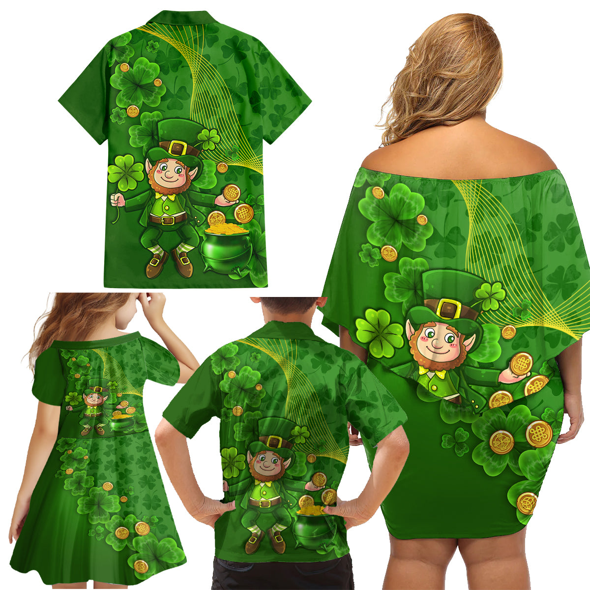 Happy St Patricks Day Family Matching Off Shoulder Short Dress and Hawaiian Shirt 2024 Irish Shamrocks With Lucky Leprechaun - Wonder Print Shop